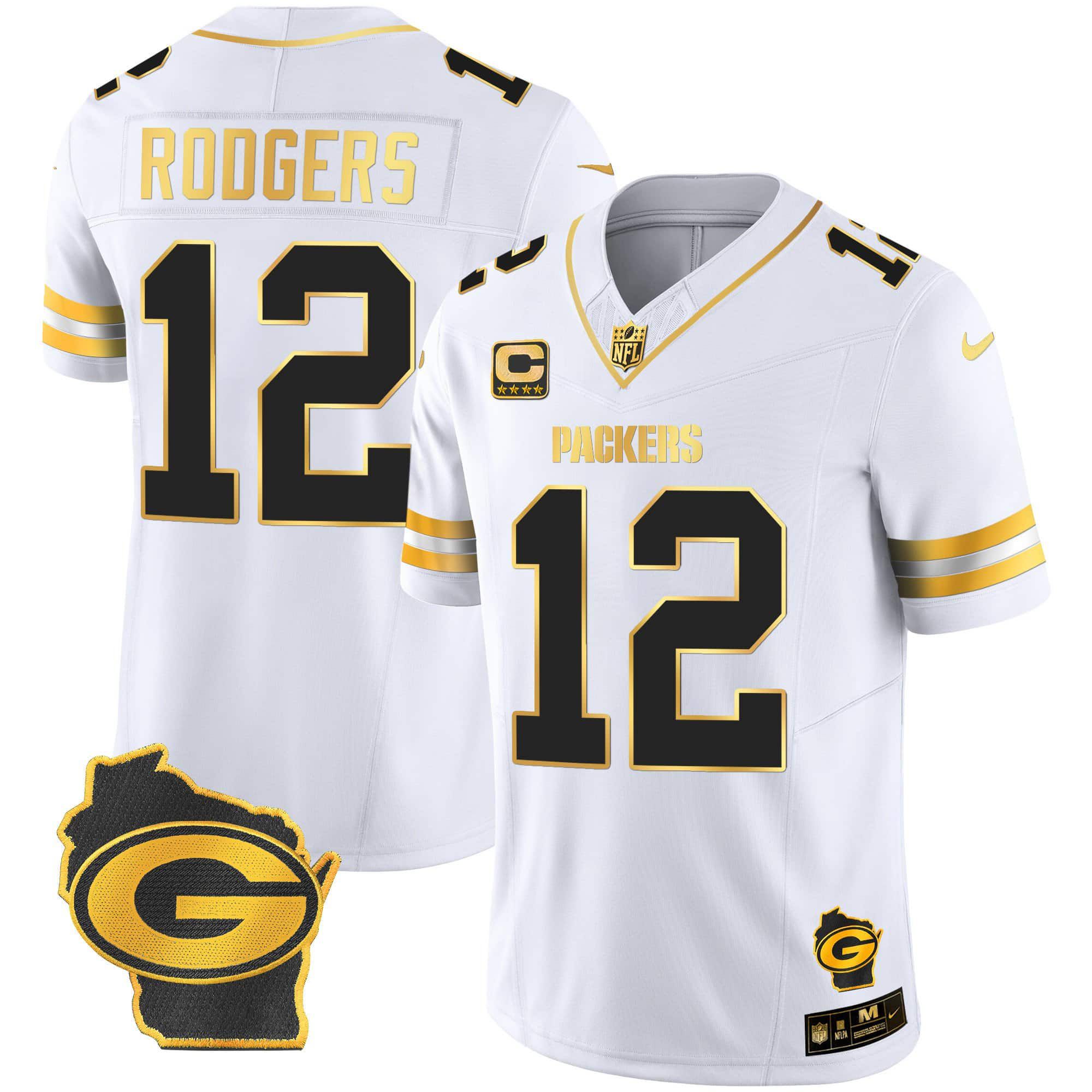 Men Green Bay Packers #12 Rodgers White Gold 2024 Nike Home Patch Vapor NFL Jersey